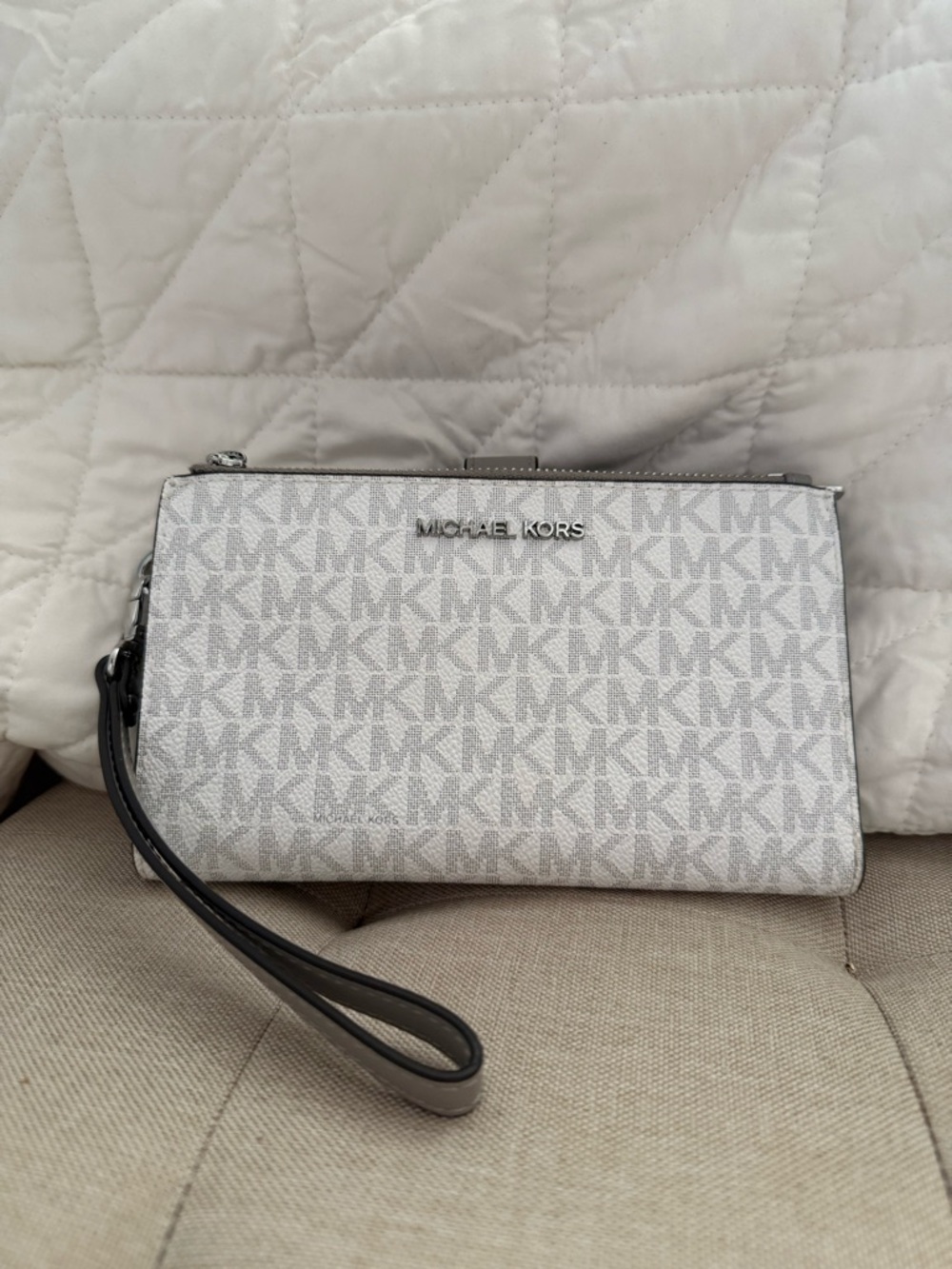 Michael Kors Silver Logo-Print Wristlet with Black and grey Strap